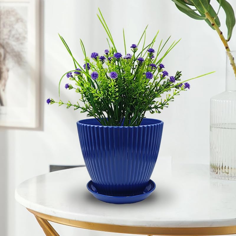 Indoor Plant Pots with Drainage Holes and Saucer, 6 Pack Plastic Flower Pots(7.5/6.5/5.5/4.9/4.2/3.5Inches) - Perfect for Small Indoor Plants and Home Decor, Blue