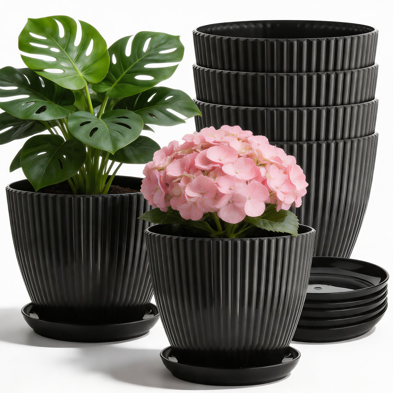 6 Pack 7.5 Inch Matte Black Vertical Ribbed Plant Pots with Matching Saucers | Extra Thick Heavy-Duty PP Dual Drainage Planters for Herbs, Vegetables, Monstera & Indoor Outdoor Houseplants