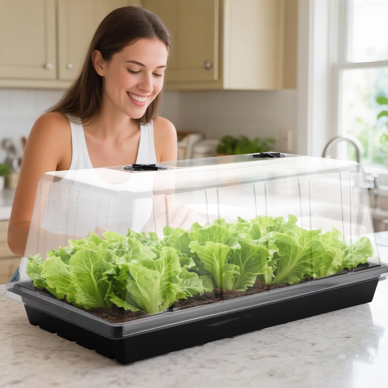 1020 Trays with Tall 7.3" Dome, 10-Pack Extra Large Seed Starter Tray with Humidity Domes, Heavy Duty 1020 Seed Trays and Flats with Lid, Seed Germination Mini Greenhouse No Hole for Balcony Garden