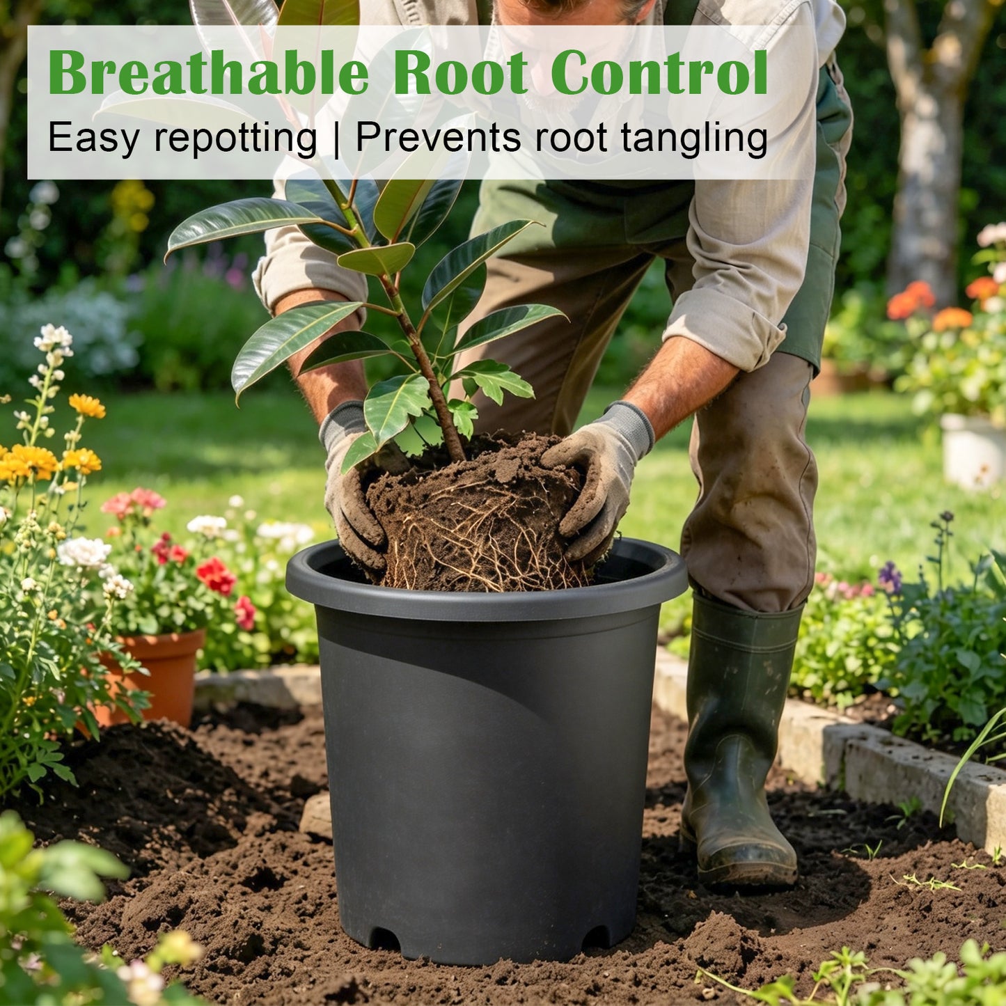 RooTrimmer 16" Heavy-Duty Deep Outdoor Planters for Plants (4-Pack) — 10-Gallon Large Capacity for Root Health