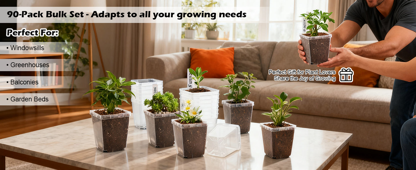 RooTrimmer 3.3" Clear Square Nursery Pots (90-Pack) – High-Efficiency Seedling & Propagation Trays