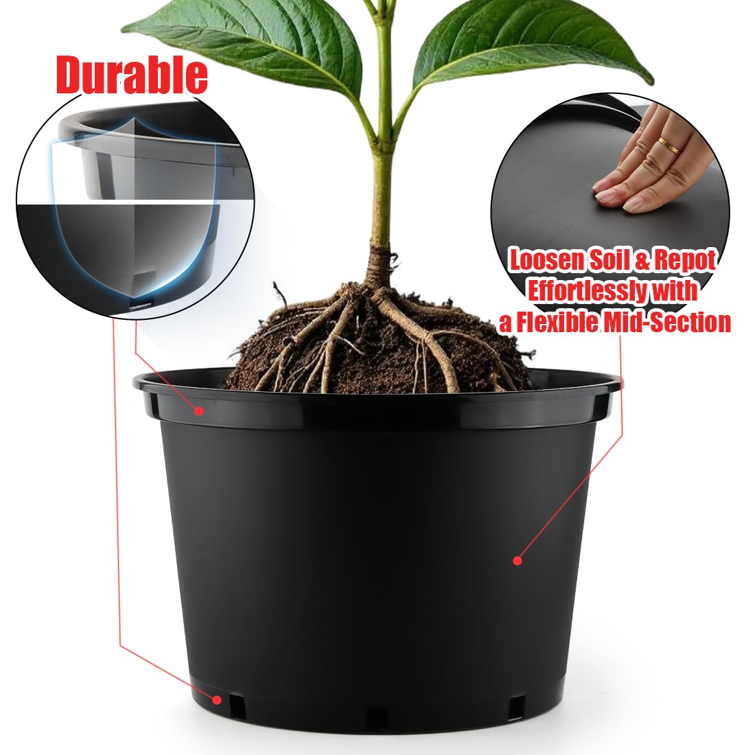 7 Gallon Plastic Nursery Pots, 15 Inch Large Plastic Pots for Plants, Round Plant Pots with Drainage Holes, Flower Pots for Outdoor Indoor Plants, Gardening Gifts for Women (5-Pack, Black)