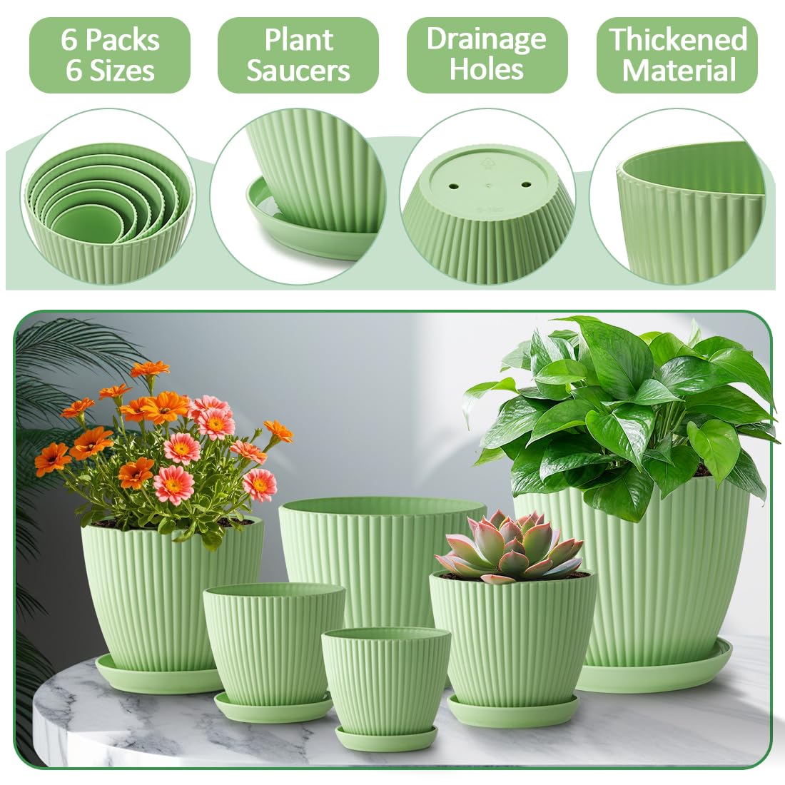 Indoor Planters with Drainage Holes and Saucers, 7.5/6.5/5.5/4.9/4.2/3.5 Inch Plant Pots, 6 Pack Plastic Flower Pots for Indoor Plants Such as Succulents and Herbs, Green