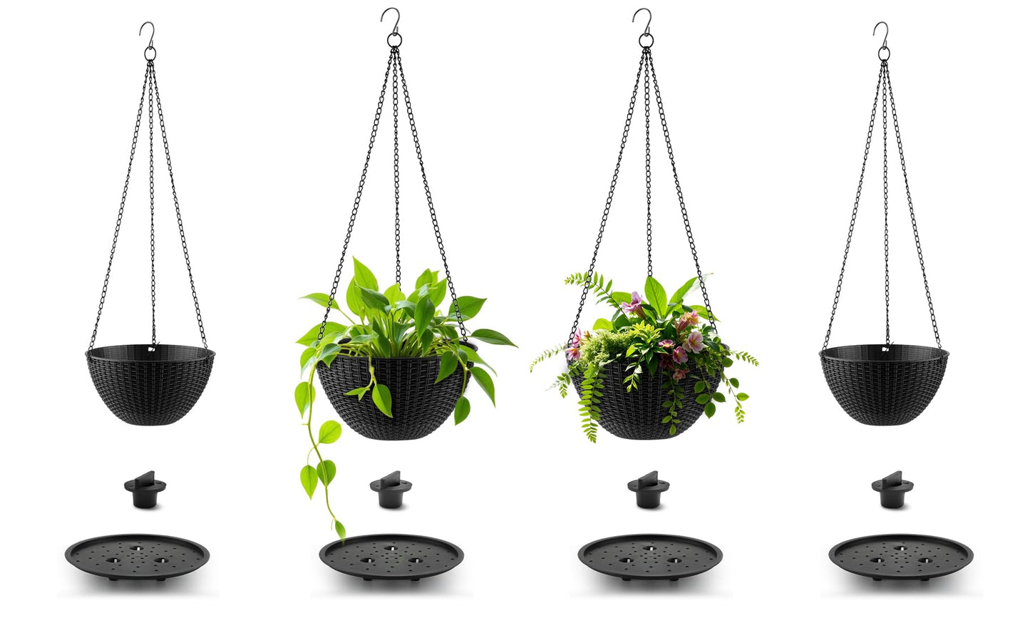 Hanging Planters for Indoor Outdoor Plants 8/10 Inch, 4 Packs Plant Hanger with Drainage Holes, Hanging Basket Flower Pot Perfect for Home, Office and Garden, Black