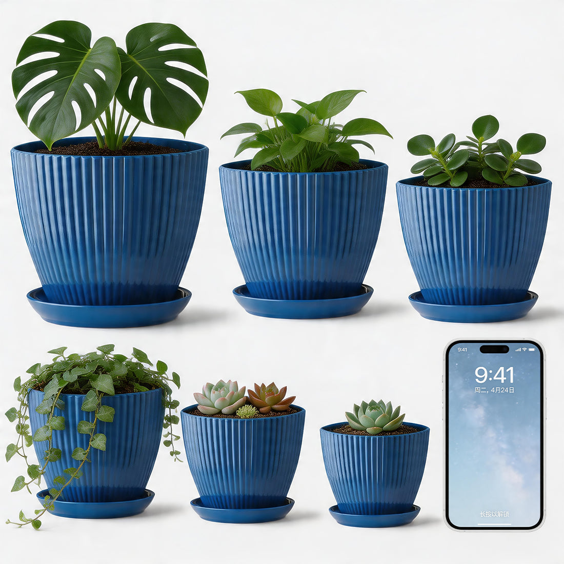 6 Pack Modern Ribbed Blue Plant Pots with Saucers & Drainage Holes | Multi Size 3.5"-7.5" Indoor Outdoor Planters for Succulents, Herbs & Houseplants