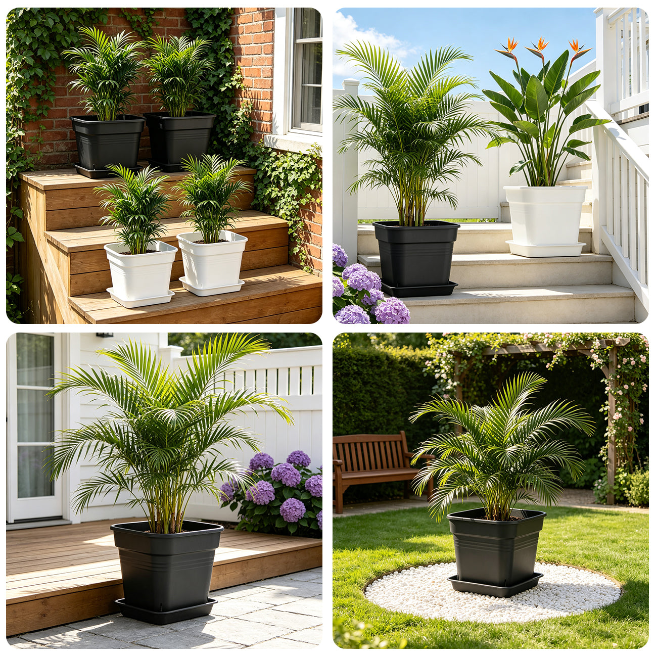 5 Pack 10 Inch Matte Black Square Air Pruning Planters with Matching Saucers | 5mm UV-Resistant Heavy Duty Large Plant Pots for Hydrangea, Orchard Trees & Backyard Vegetable Planting