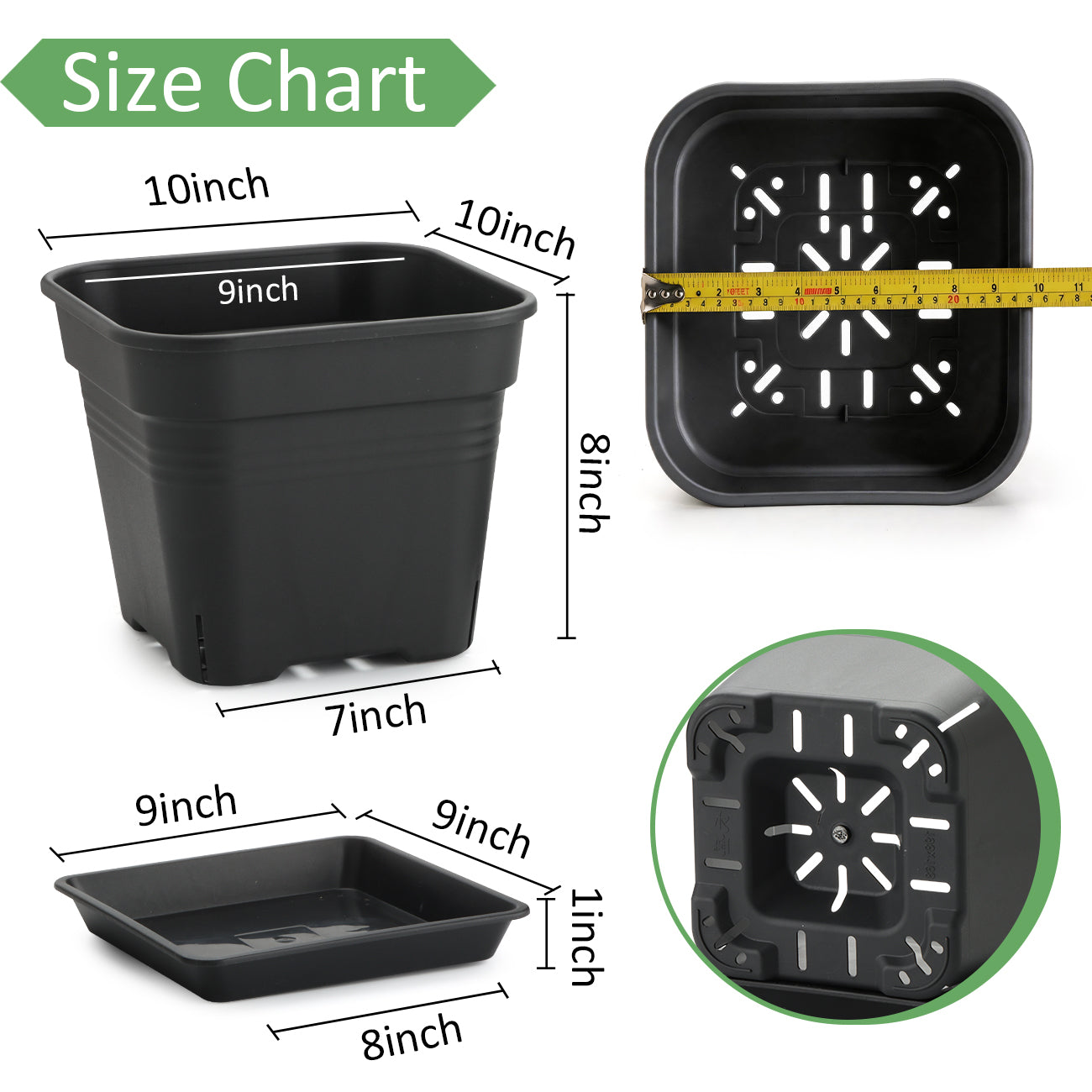 5 Pack 10 Inch Matte Black Square Air Pruning Planters with Matching Saucers | 5mm UV-Resistant Heavy Duty Large Plant Pots for Hydrangea, Orchard Trees & Backyard Vegetable Planting