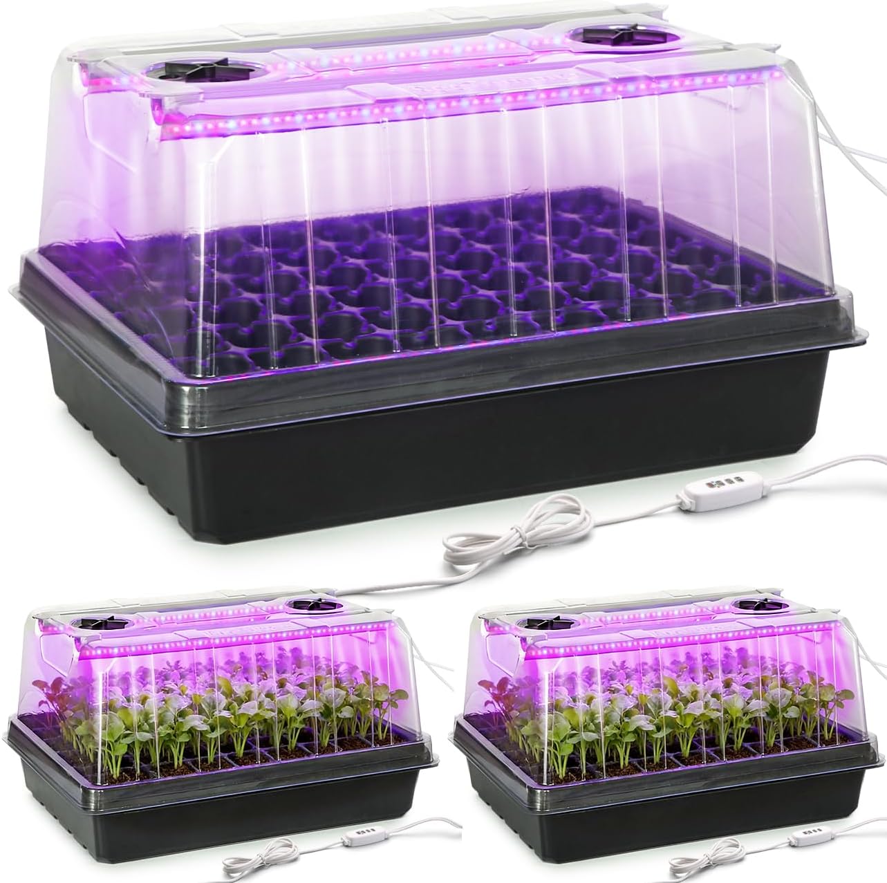 Seed Starter Tray with Grow Lights - 3-Pack 54 Cell Seedling Starter Kit, 5" Tall Humidity Dome & 2.8" Deep Cells, 96-LED Full Spectrum Plant Light with Timer/Dimmable, Reusable Germination Station