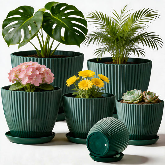 6 Pack 3.5"-7.5 Inch Dark Green Vertical Ribbed Plant Pots with Matching Saucers | High-Strength PP Drainage Planters for Succulents, Cactus, Herbs & Indoor Houseplants