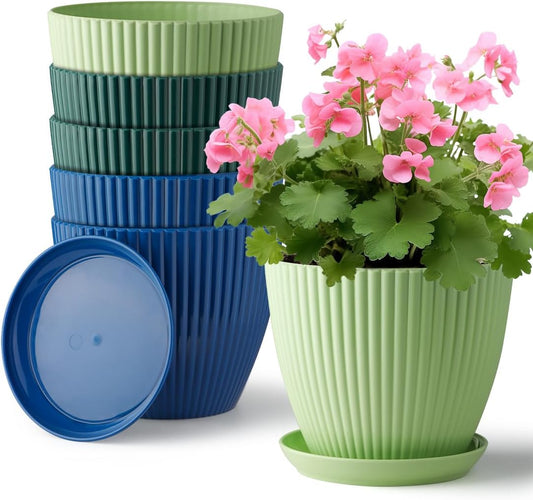 6 Pack 7.5 Inch Multi-Color Vertical Ribbed Plant Pots with Matching Saucers | Thickened PP Drainage Planters for Herbs, Flowers, Succulents Indoor Windowsill & Patio Decor