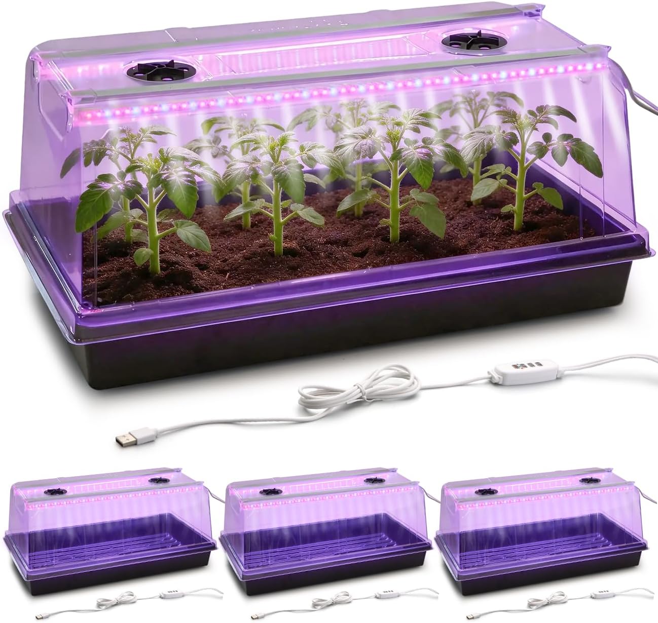 1020 Nursery Tray with Grow Lights, 4-Pack 6.3" Extra High Humidity Dome & Heavy Duty Propagation Tray, 8-Pack Integrated 96 Full Spectrum LED with Timer/5 Dimmable Levels, Reusable Greenhouse Kit
