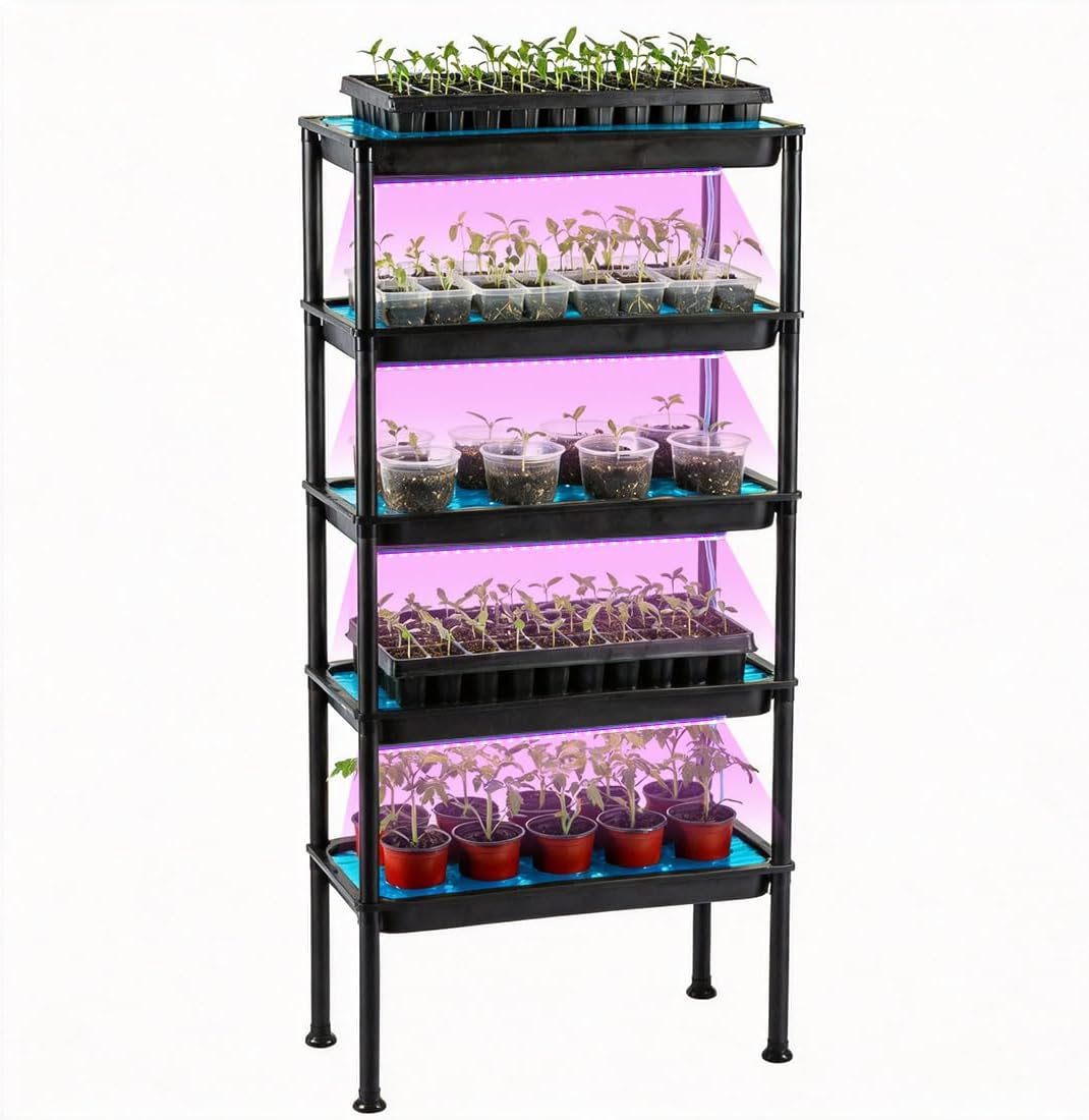 5-Tier Electric Pump Auto Ebb & Flow Hydroponic Growing Rack with Dimmable Timer Red-Blue Grow Lights | UV Resistant Reinforced PVC Seed Starting Station,50LB Per Shelf for Sunless Indoor Balcony Greenhouse Herb & Vegetable Cultivation