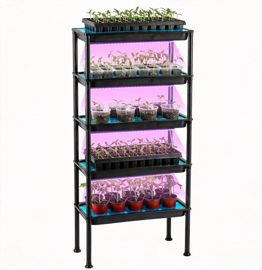 5-Tier Electric Pump Auto Ebb & Flow Hydroponic Growing Rack with Dimmable Timer Red-Blue Grow Lights | UV Resistant Reinforced PVC Seed Starting Station,50LB Per Shelf for Sunless Indoor Balcony Greenhouse Herb & Vegetable Cultivation