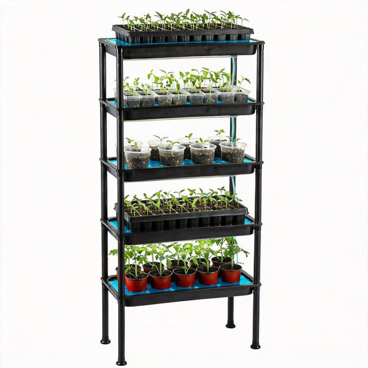 5-Tier Ebb & Flow Hydroponic Growing Rack with Siphon Circulation Watering | UV Resistant Reinforced PVC Seed Starting Stand, 50LB Per Shelf for Indoor Balcony & Greenhouse Seedling, Herb & Vegetable Cultivation