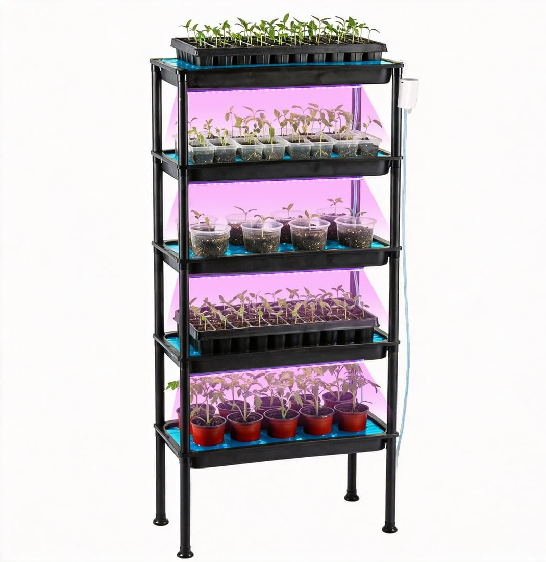5-Tier Electric Pump Auto Ebb & Flow Hydroponic Growing Rack with Dimmable Timer Red-Blue Grow Lights | UV Resistant Reinforced PVC Seed Starting Station,50LB Per Shelf for Sunless Indoor Balcony Greenhouse Herb & Vegetable Cultivation