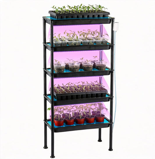 5-Tier Electric Pump Auto Ebb & Flow Hydroponic Growing Rack with Dimmable Timer Red-Blue Grow Lights | UV Resistant Reinforced PVC Seed Starting Station,50LB Per Shelf for Sunless Indoor Balcony Greenhouse Herb & Vegetable Cultivation