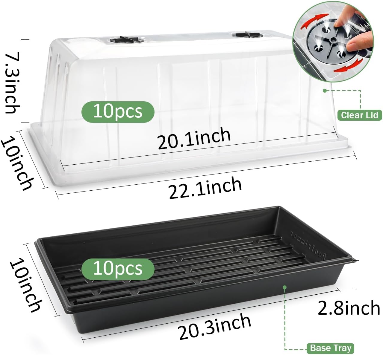 1020 Trays with Tall 7.3" Dome, 10-Pack Extra Large Seed Starter Tray with Humidity Domes, Heavy Duty 1020 Seed Trays and Flats with Lid, Seed Germination Mini Greenhouse No Hole for Balcony Garden
