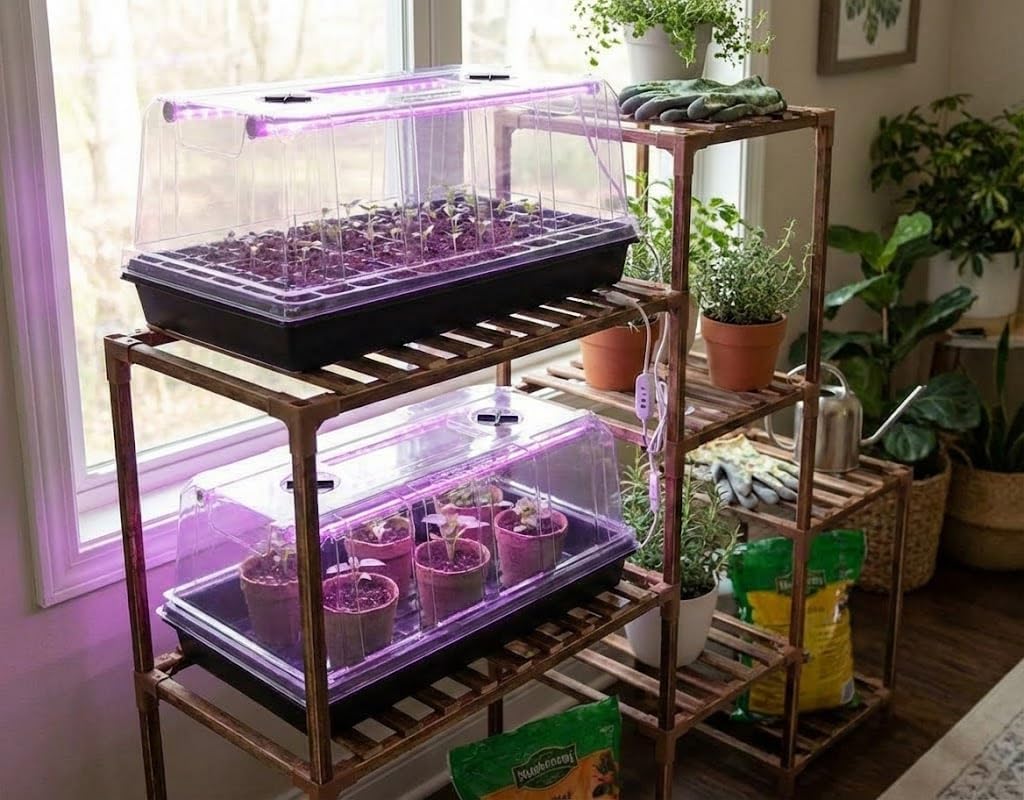 1020 Nursery Tray with Grow Lights, 4-Pack 6.3" Extra High Humidity Dome & Heavy Duty Propagation Tray, 8-Pack Integrated 96 Full Spectrum LED with Timer/5 Dimmable Levels, Reusable Greenhouse Kit