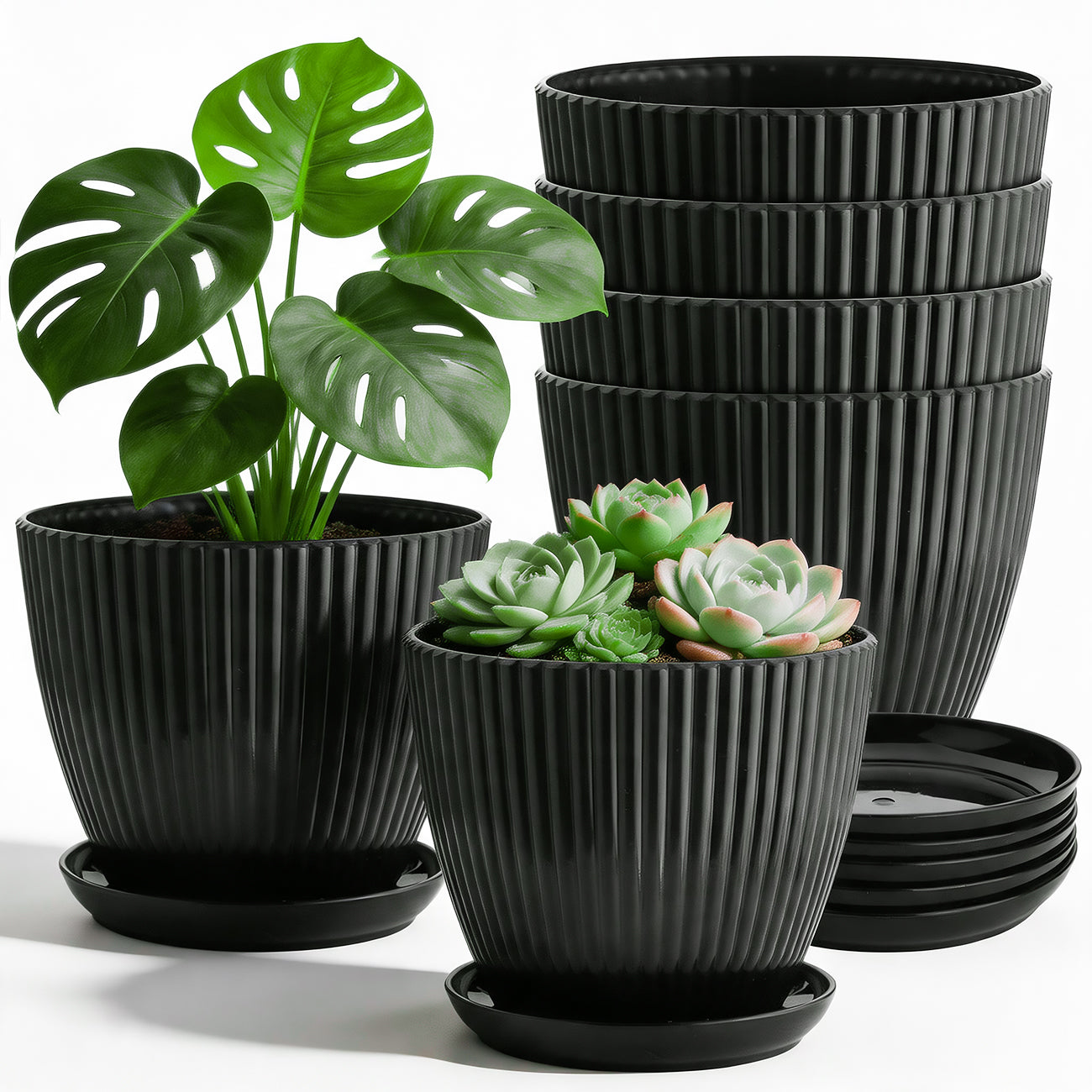 6 Pack 7.5 Inch Matte Black Vertical Ribbed Plant Pots with Matching Saucers | Extra Thick Heavy-Duty PP Dual Drainage Planters for Herbs, Vegetables, Monstera & Indoor Outdoor Houseplants