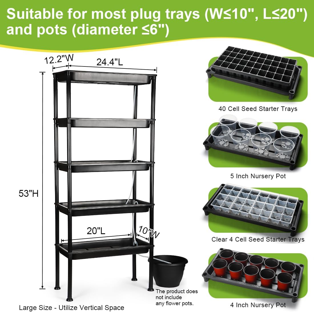 5-Tier Electric Pump Auto Ebb & Flow Hydroponic Growing Rack with Dimmable Timer Red-Blue Grow Lights | UV Resistant Reinforced PVC Seed Starting Station,50LB Per Shelf for Sunless Indoor Balcony Greenhouse Herb & Vegetable Cultivation