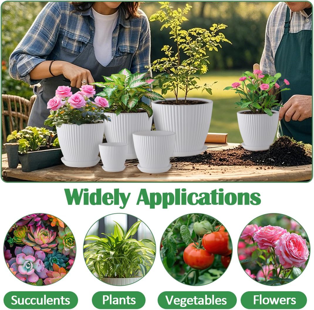 6 Pack 3.5"-7.5 Inch Matte White Vertical Ribbed Plant Pots with Matching Saucers | High-Strength PP Drainage Planters for Succulents, Cactus, Herbs & Indoor Houseplants