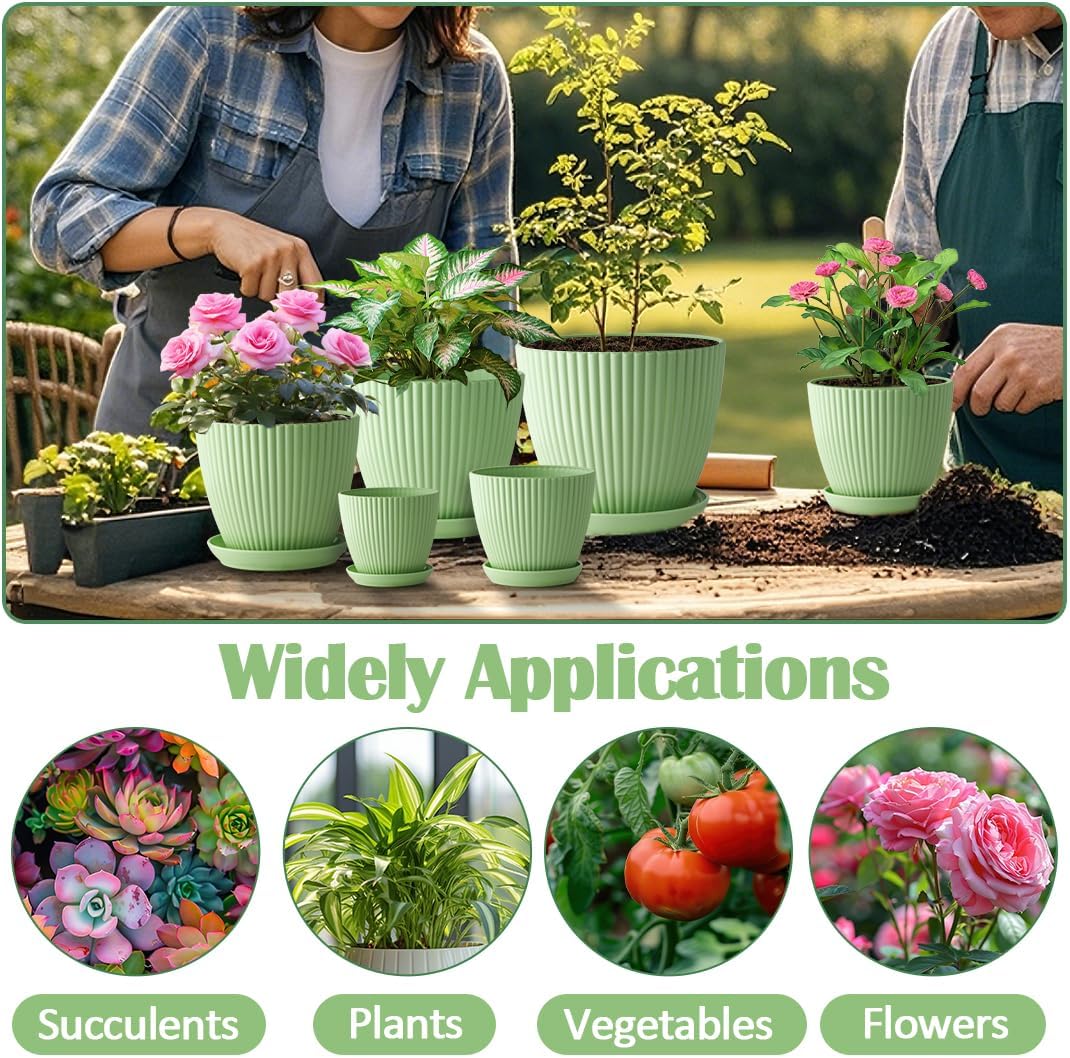 6 Pack Multi-Size Mint Green Vertical Ribbed Plant Pots with Matching Saucers | 3.5"-7.5" All-Size PP Drainage Planters for Succulents, Cactus, Herbs & Indoor Houseplants