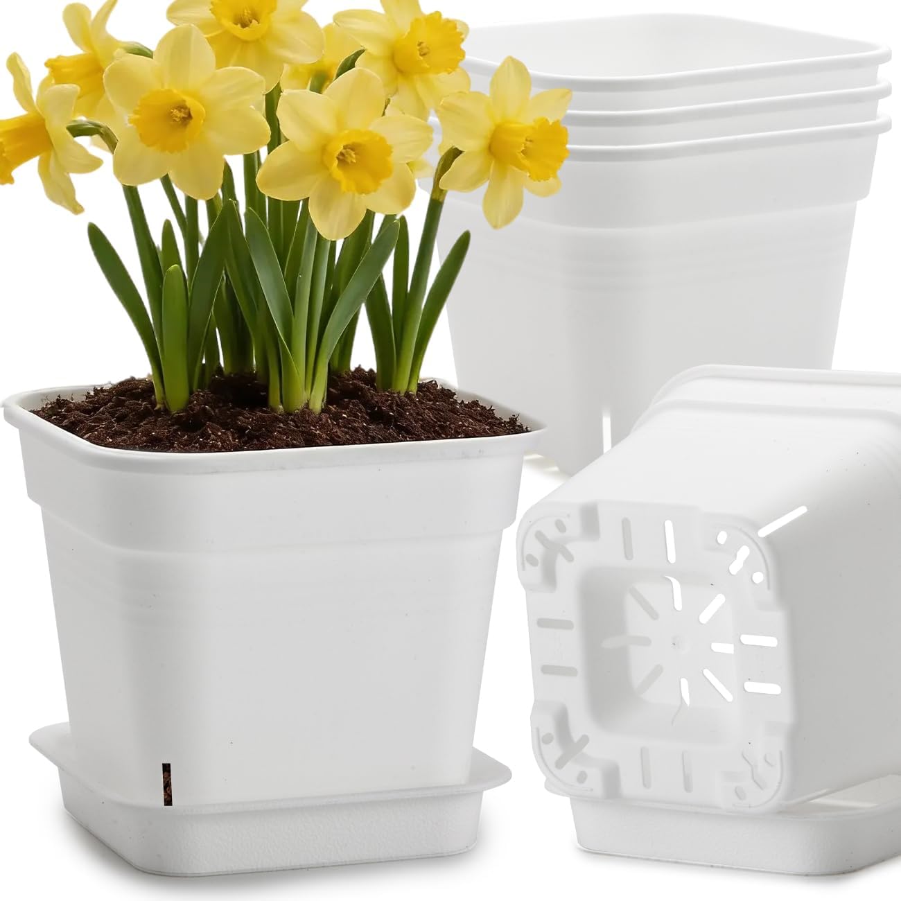 5 Pack 10 Inch White Square Air Pruning Plant Pots with Saucers | 5mm Thick Heavy-Duty Breathable Large Planters for Trees, Orchids, Vegetables & Indoor Outdoor Plants