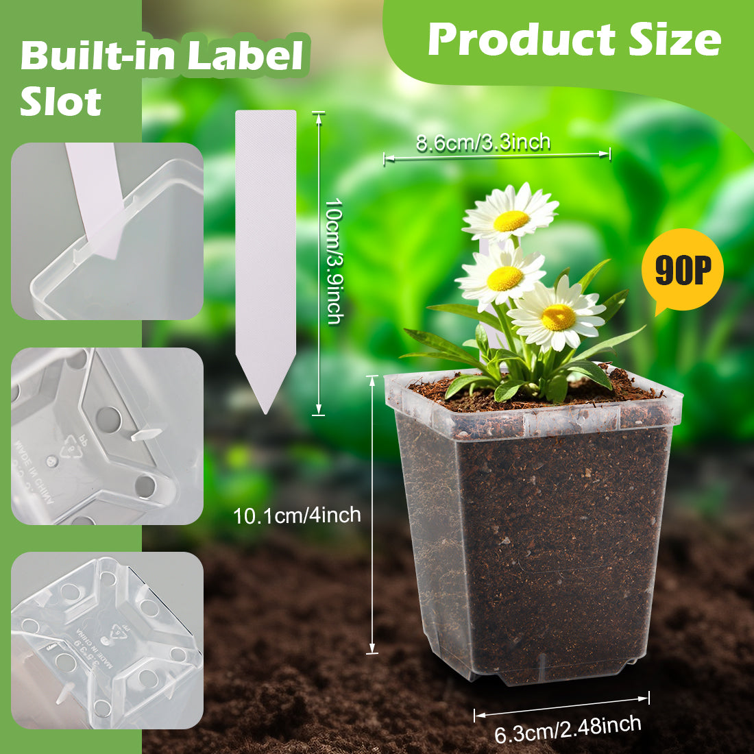 RooTrimmer 3.3" Clear Square Nursery Pots (90-Pack) – High-Efficiency Seedling & Propagation Trays