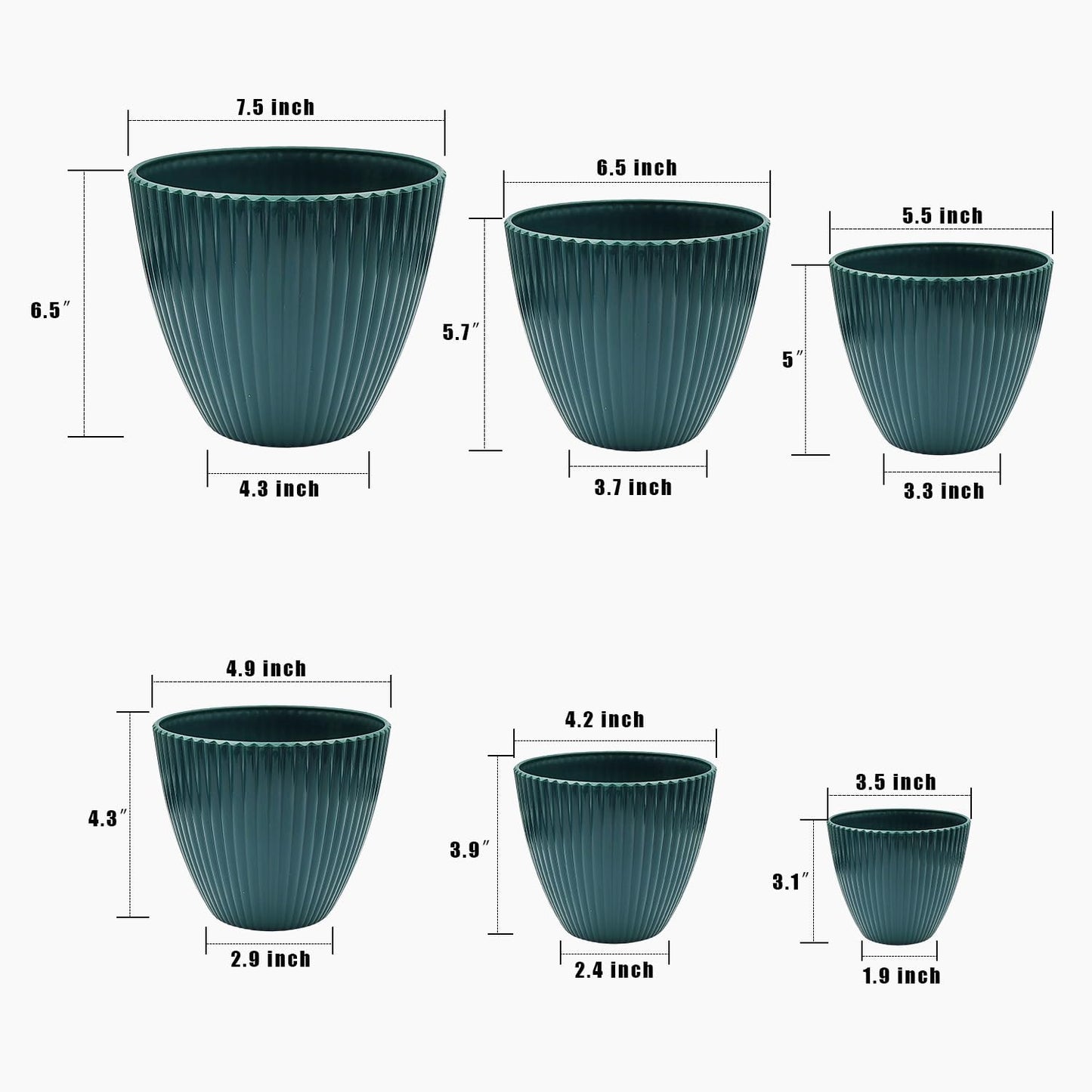6 Pack 3.5"-7.5 Inch Dark Green Vertical Ribbed Plant Pots with Matching Saucers | High-Strength PP Drainage Planters for Succulents, Cactus, Herbs & Indoor Houseplants