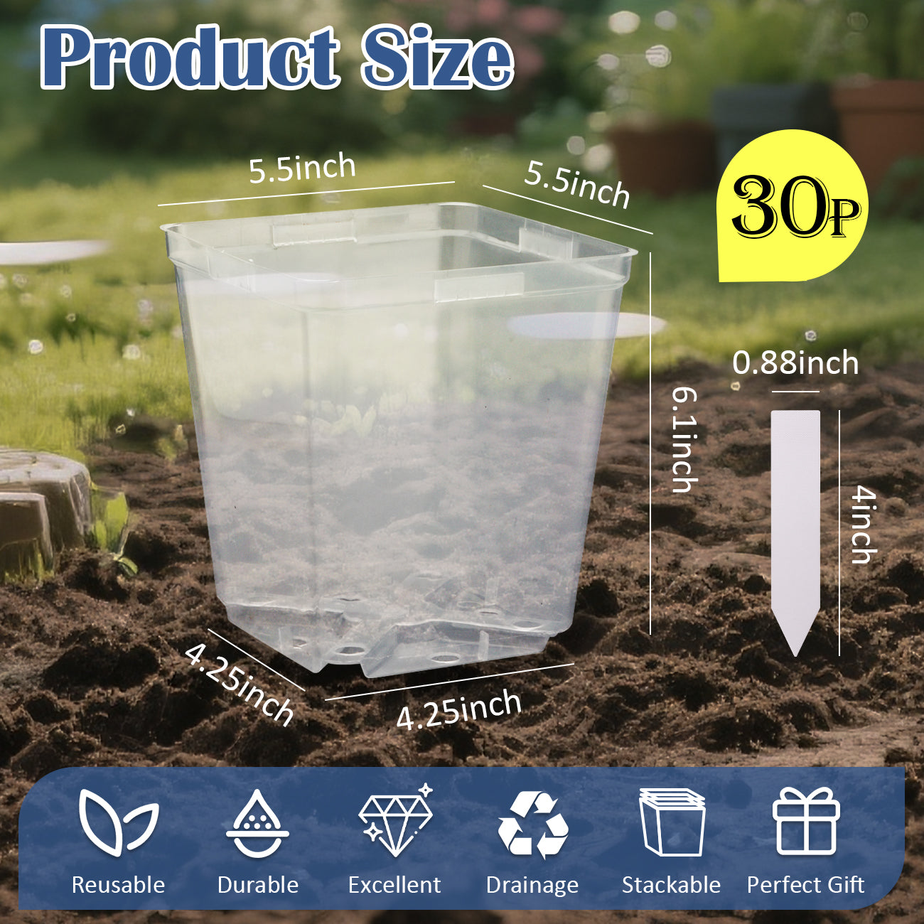 RooTrimmer™ 5.5" Clear Square Nursery Pots (30-Pack + Labels)