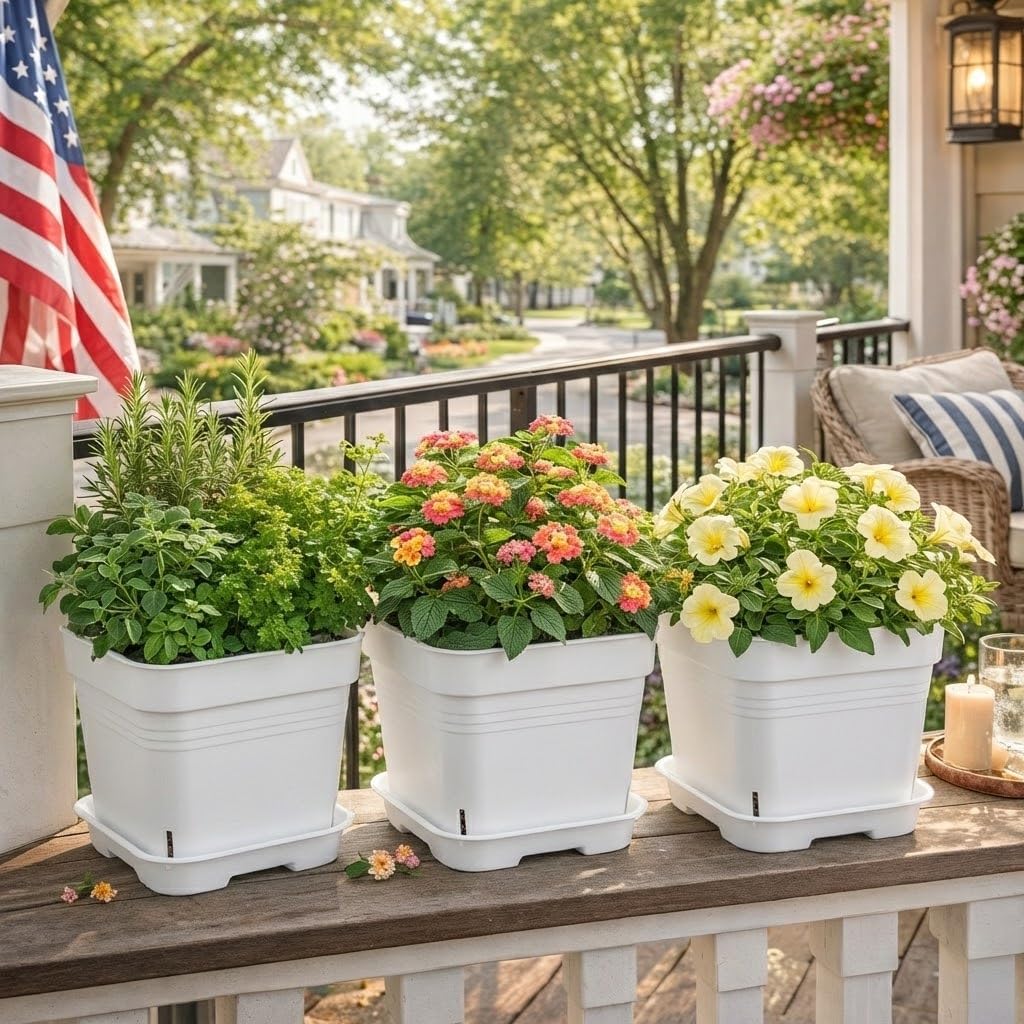 5 Pack 10 Inch White Square Air Pruning Plant Pots with Saucers | 5mm Thick Heavy-Duty Breathable Large Planters for Trees, Orchids, Vegetables & Indoor Outdoor Plants