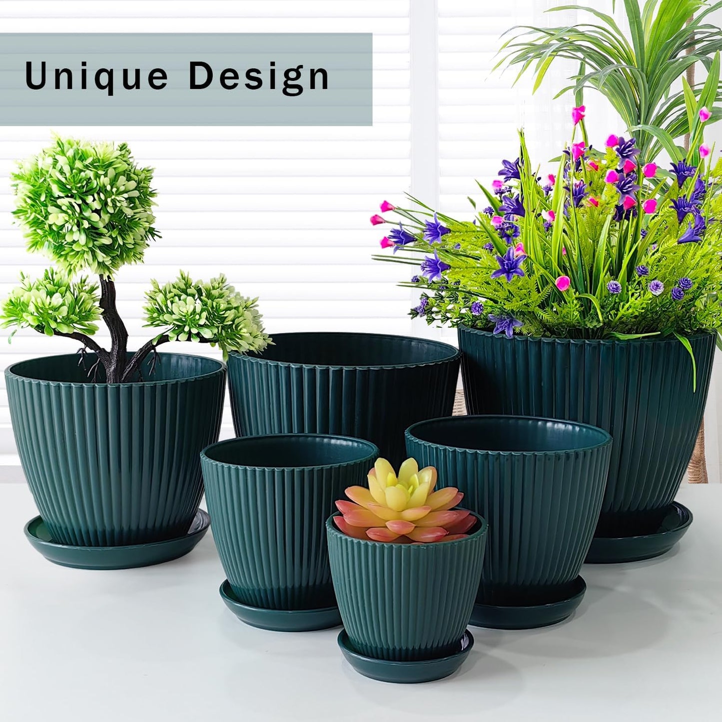 6 Pack 3.5"-7.5 Inch Dark Green Vertical Ribbed Plant Pots with Matching Saucers | High-Strength PP Drainage Planters for Succulents, Cactus, Herbs & Indoor Houseplants