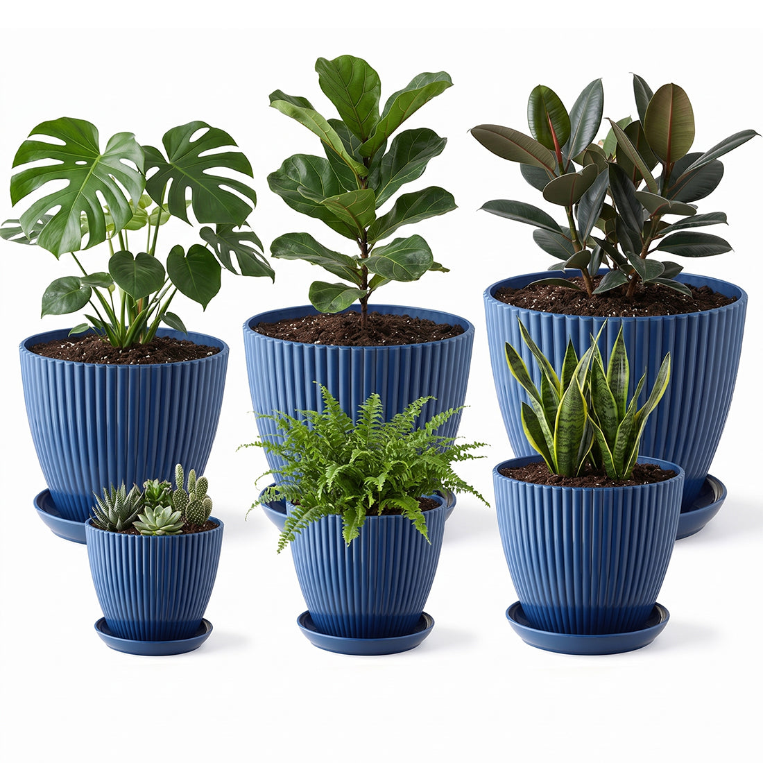 6 Pack Modern Ribbed Blue Plant Pots with Saucers & Drainage Holes | Multi Size 3.5"-7.5" Indoor Outdoor Planters for Succulents, Herbs & Houseplants