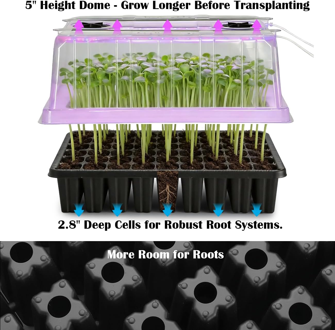 Seed Starter Tray with Grow Lights - 3-Pack 54 Cell Seedling Starter Kit, 5" Tall Humidity Dome & 2.8" Deep Cells, 96-LED Full Spectrum Plant Light with Timer/Dimmable, Reusable Germination Station