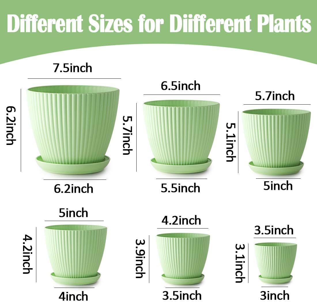 6 Pack Multi-Size Mint Green Vertical Ribbed Plant Pots with Matching Saucers | 3.5"-7.5" All-Size PP Drainage Planters for Succulents, Cactus, Herbs & Indoor Houseplants
