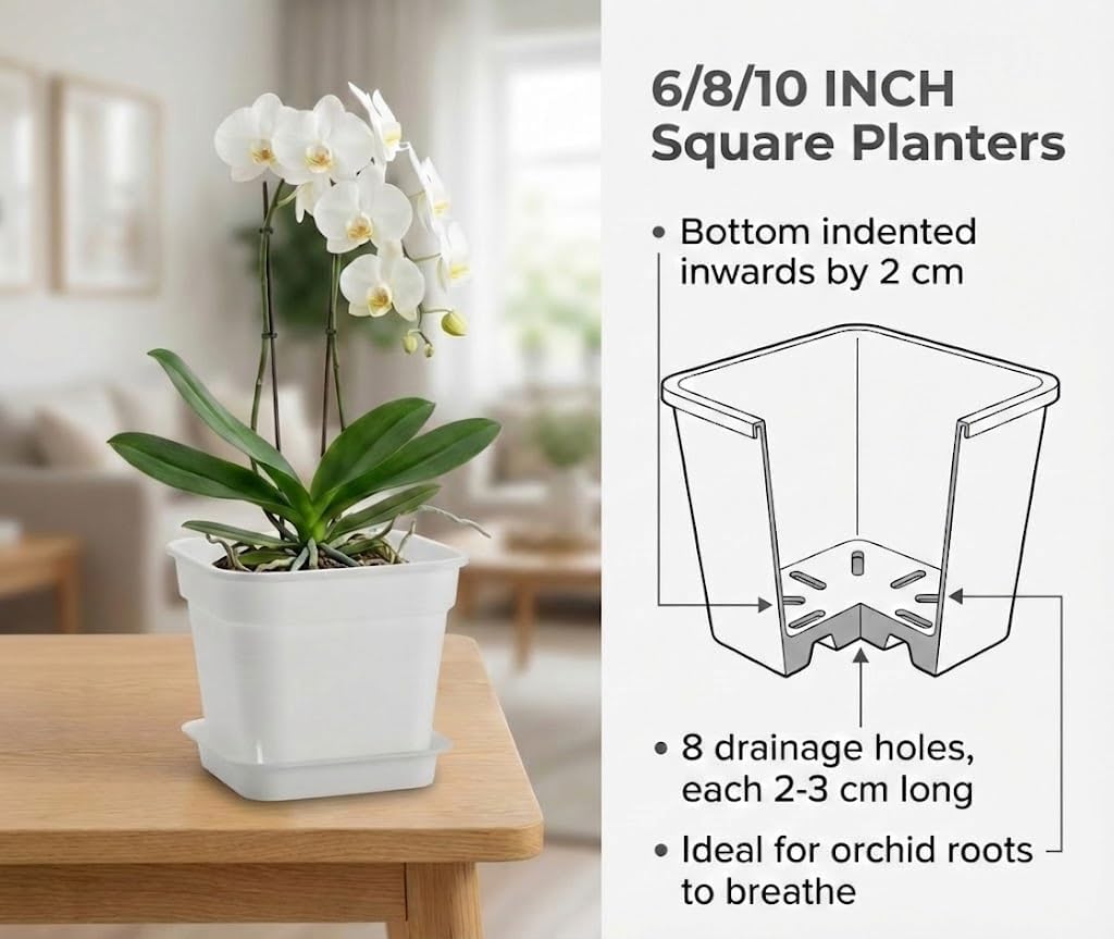 6 Pack 6/8/10 Inch White Square Air Pruning Plant Pots with Saucers | 5mm Thick Heavy Duty Breathable Planters for Orchids, Succulents, Indoor & Outdoor Plants