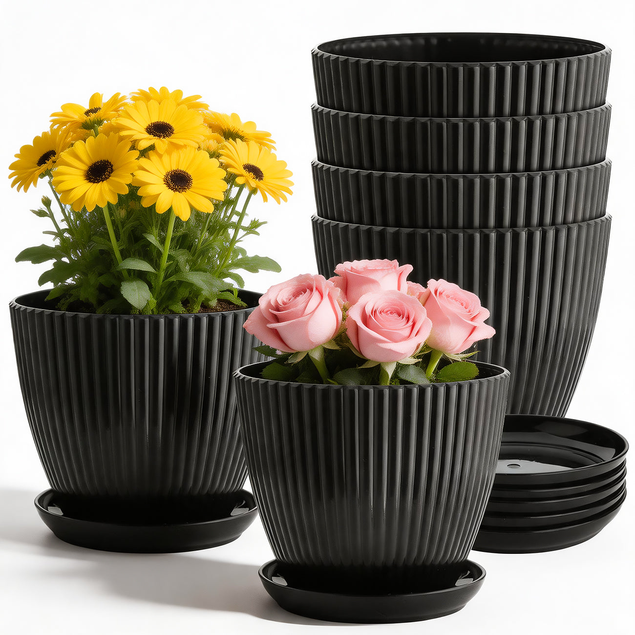 6 Pack 7.5 Inch Matte Black Vertical Ribbed Plant Pots with Matching Saucers | Extra Thick Heavy-Duty PP Dual Drainage Planters for Herbs, Vegetables, Monstera & Indoor Outdoor Houseplants