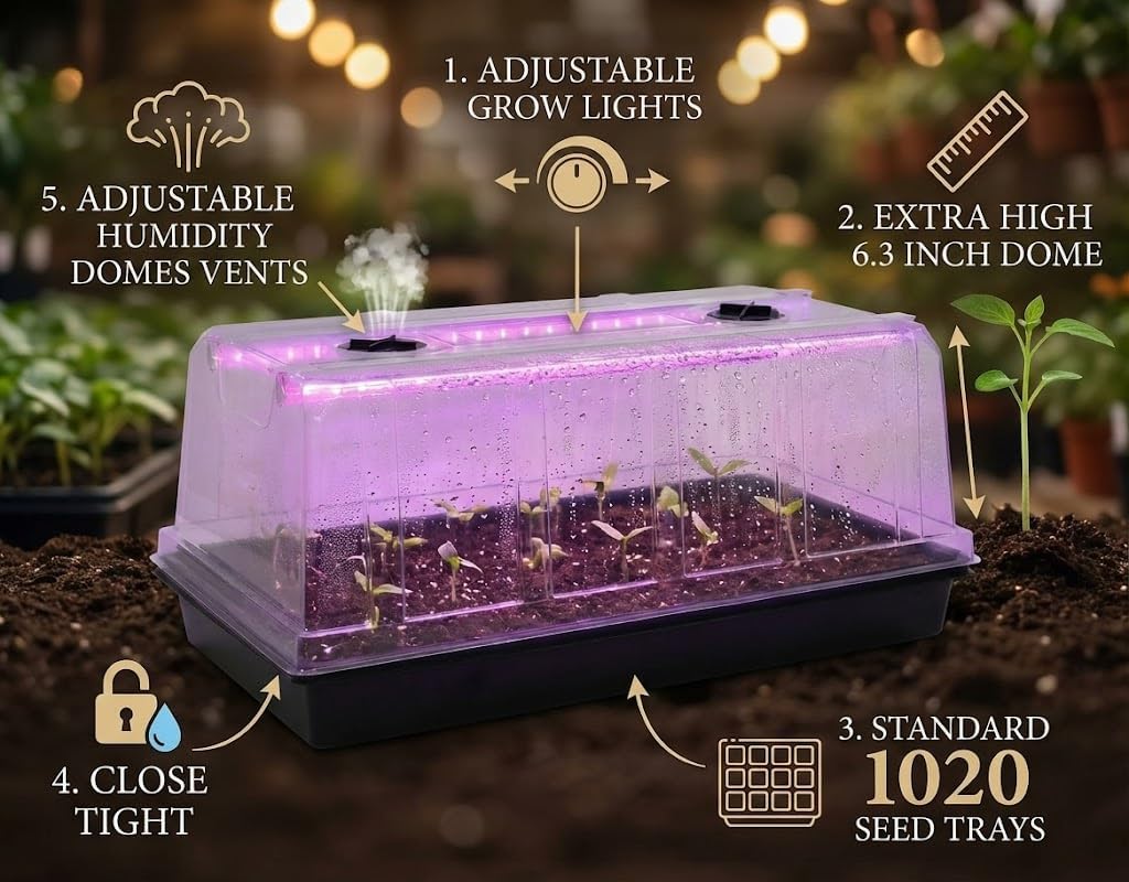 1020 Nursery Tray with Grow Lights, 4-Pack 6.3" Extra High Humidity Dome & Heavy Duty Propagation Tray, 8-Pack Integrated 96 Full Spectrum LED with Timer/5 Dimmable Levels, Reusable Greenhouse Kit