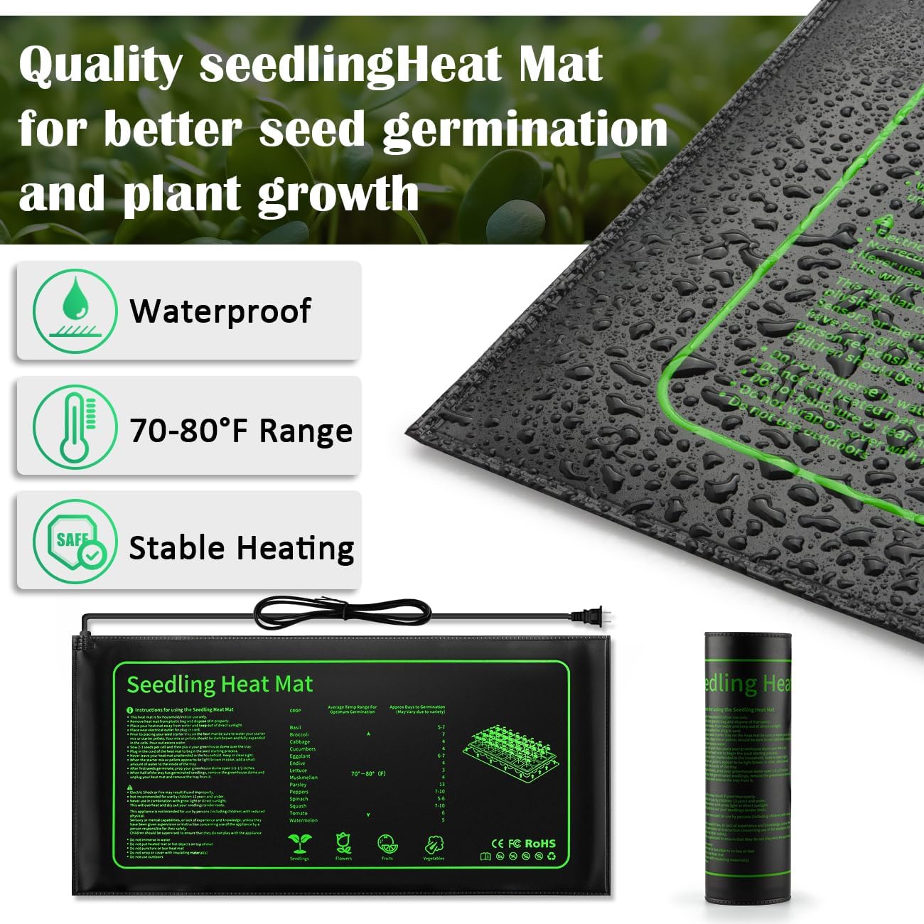 2-Pack 1020 Trays with 7.3'' Domes & Heat Mats & Grow Lights – Heavy-Duty 1020 Seed Starter Kits, Seedling Trays with Humidity Domes & Waterproof Heating Mats & LED Lights for Germination Propagation