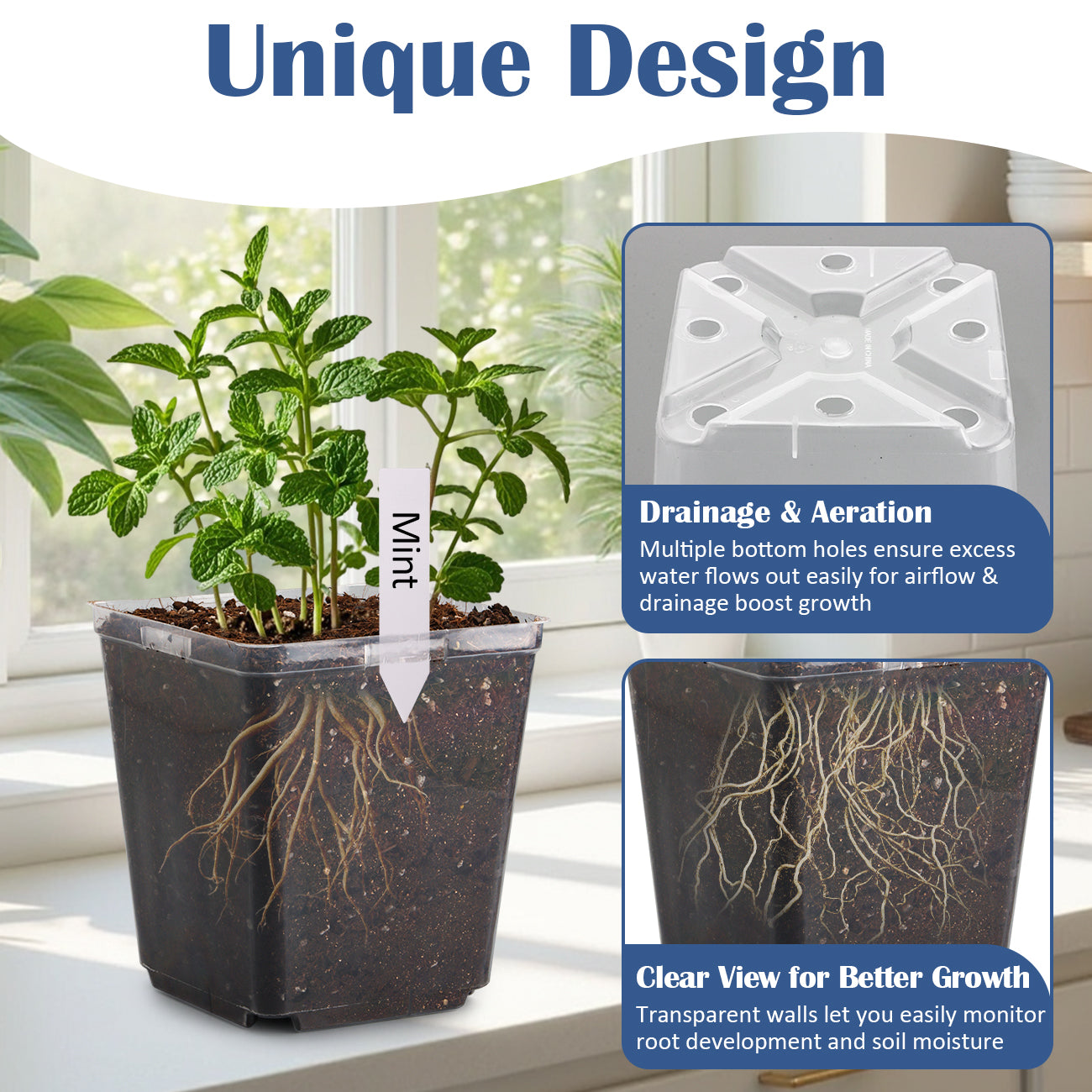 RooTrimmer™ 5.5" Clear Square Nursery Pots (30-Pack + Labels)