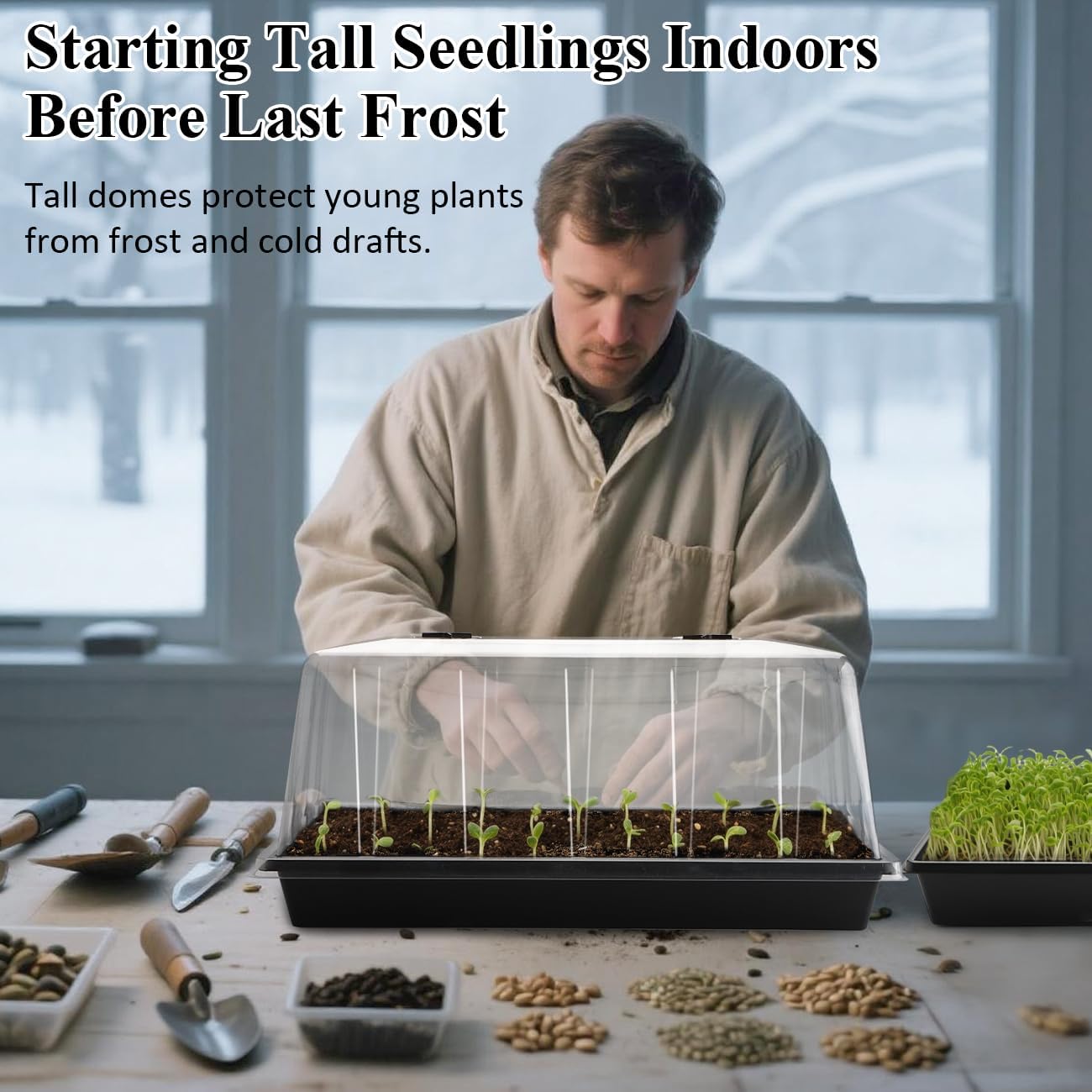 1020 Trays with Tall 7.3" Dome, 10-Pack Extra Large Seed Starter Tray with Humidity Domes, Heavy Duty 1020 Seed Trays and Flats with Lid, Seed Germination Mini Greenhouse No Hole for Balcony Garden