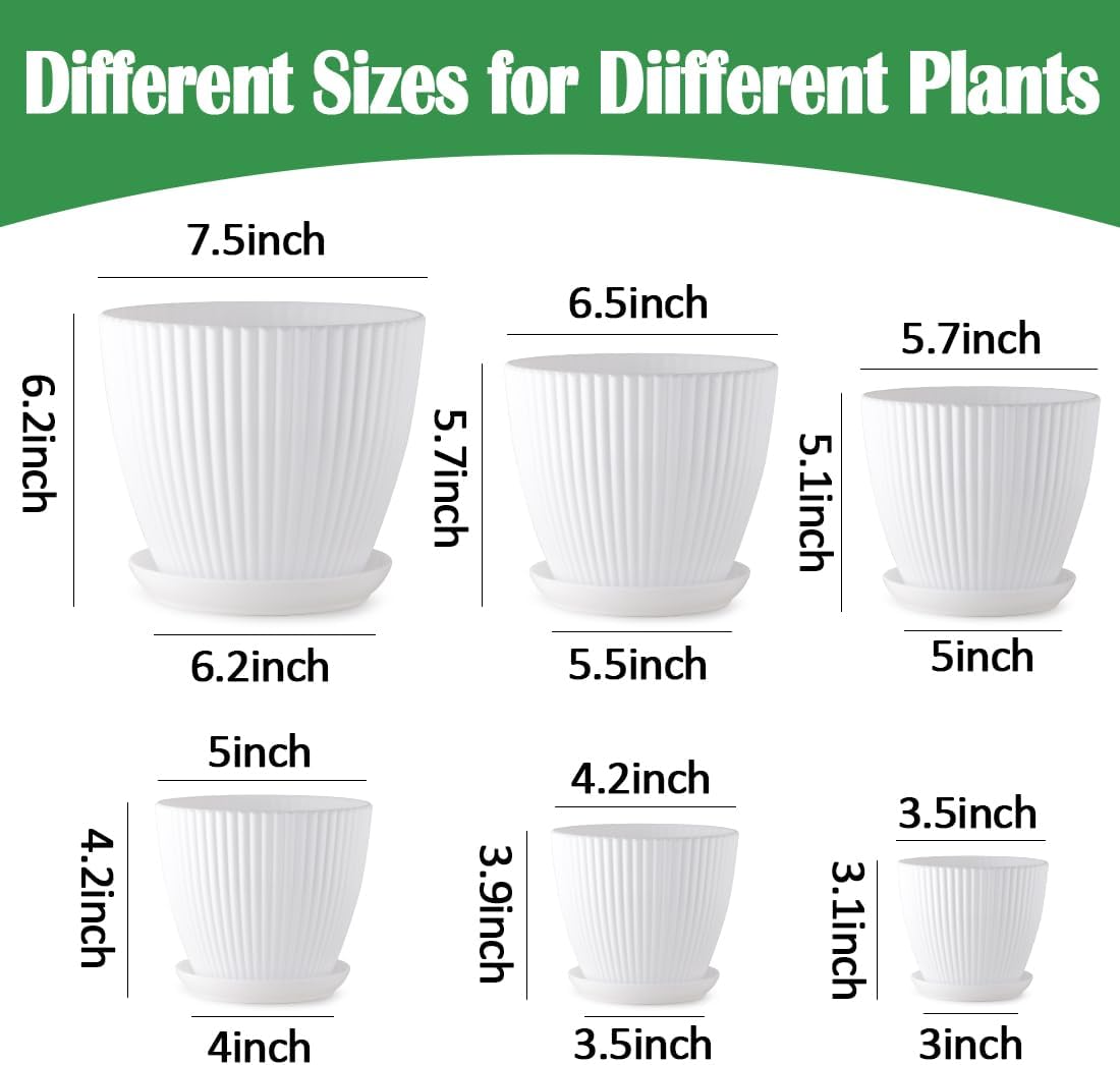 6 Pack 3.5"-7.5 Inch Matte White Vertical Ribbed Plant Pots with Matching Saucers | High-Strength PP Drainage Planters for Succulents, Cactus, Herbs & Indoor Houseplants