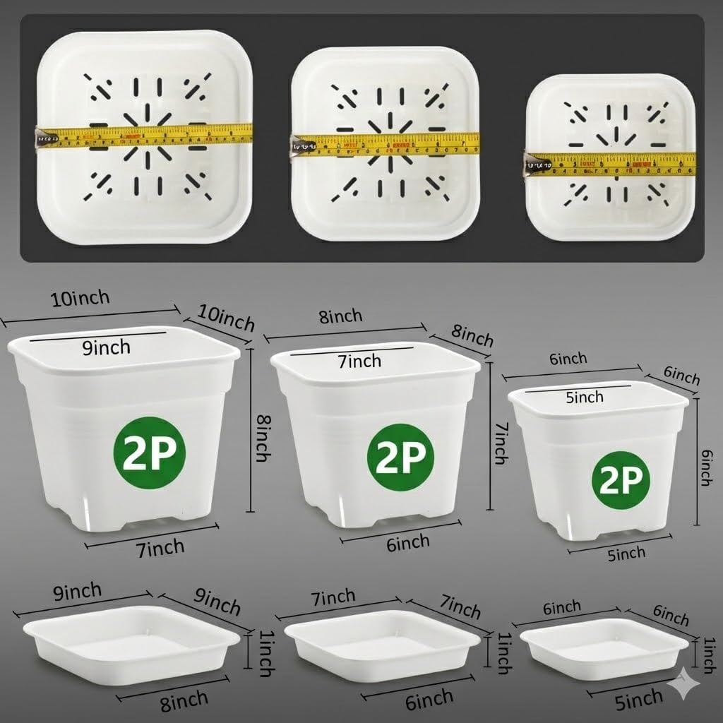 6 Pack 6/8/10 Inch White Square Air Pruning Plant Pots with Saucers | 5mm Thick Heavy Duty Breathable Planters for Orchids, Succulents, Indoor & Outdoor Plants
