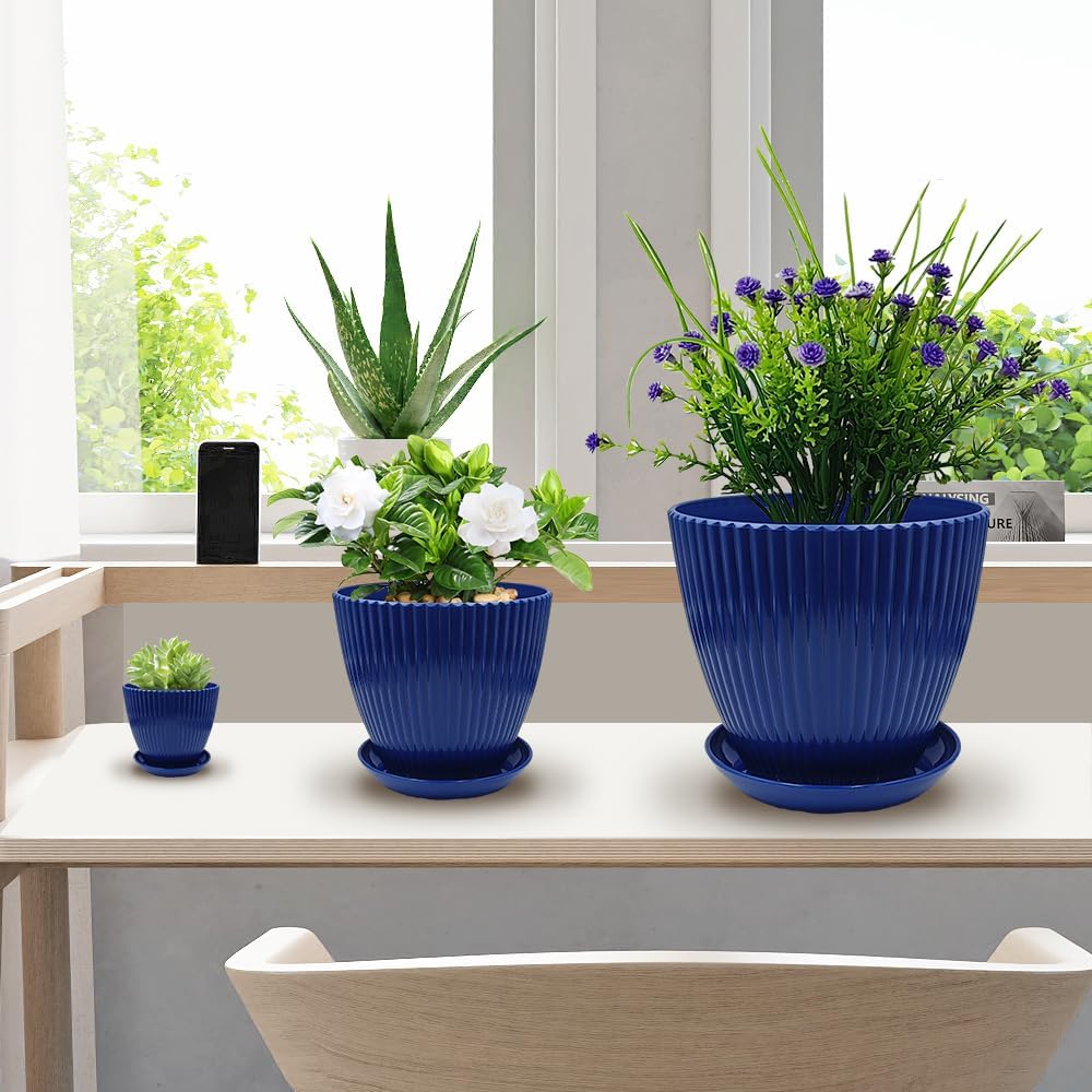 6 Pack Modern Ribbed Blue Plant Pots with Saucers & Drainage Holes | Multi Size 3.5"-7.5" Indoor Outdoor Planters for Succulents, Herbs & Houseplants