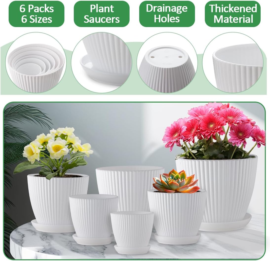 6 Pack 3.5"-7.5 Inch Matte White Vertical Ribbed Plant Pots with Matching Saucers | High-Strength PP Drainage Planters for Succulents, Cactus, Herbs & Indoor Houseplants