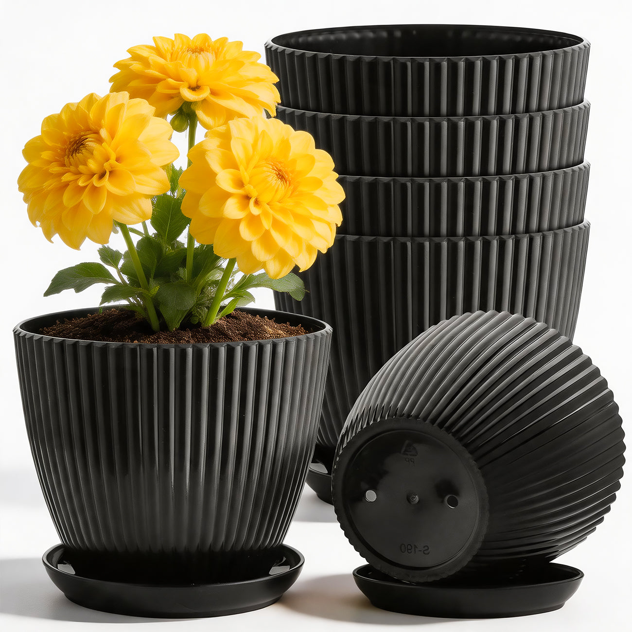 6 Pack 7.5 Inch Matte Black Vertical Ribbed Plant Pots with Matching Saucers | Extra Thick Heavy-Duty PP Dual Drainage Planters for Herbs, Vegetables, Monstera & Indoor Outdoor Houseplants