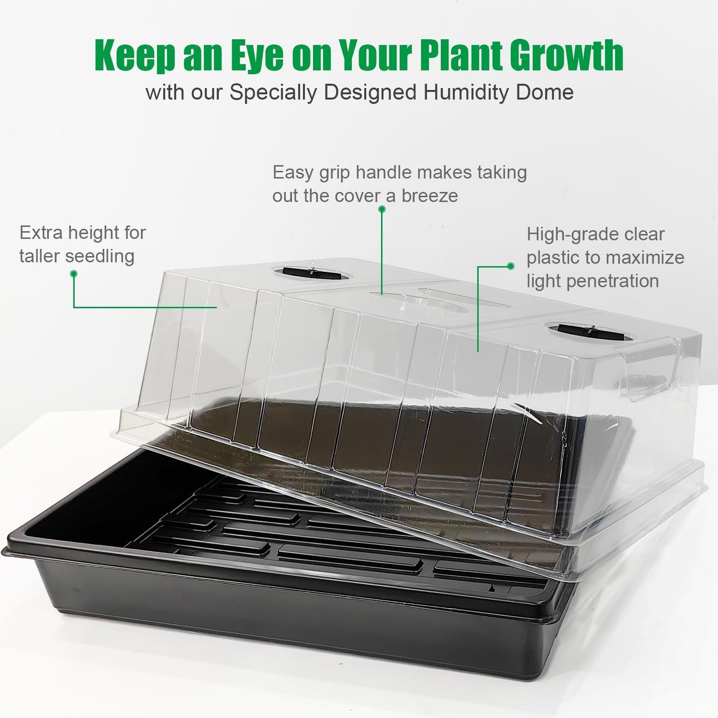 RooTrimmer 4-Pack Seed Starter Trays with 5'' Tall Humidity Domes – Reusable Plant Germination Kit for Microgreens, Herbs & Indoor Gardening | Clear Vented Lids, Fast Seedling Growth & Durable Design