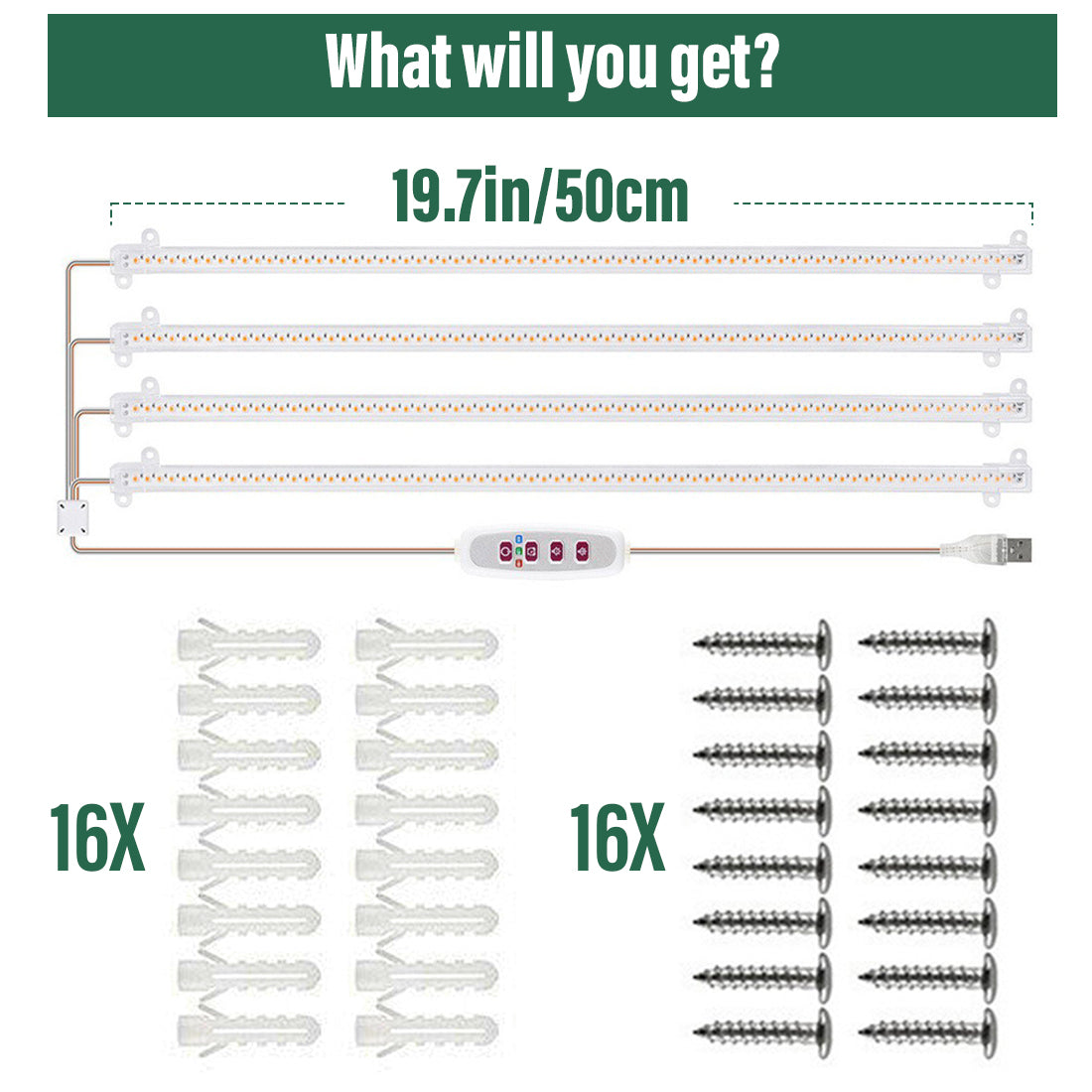 RooTrimmer Grow Light for Seed Starting 20"/1.64FT Full Spectrum LED , Hydroponics Growing System Lights, Indoor Greenhouse Plant Lamp, 8/12/16H Timer & Dimmable Grow Lamp, 4 Pcs