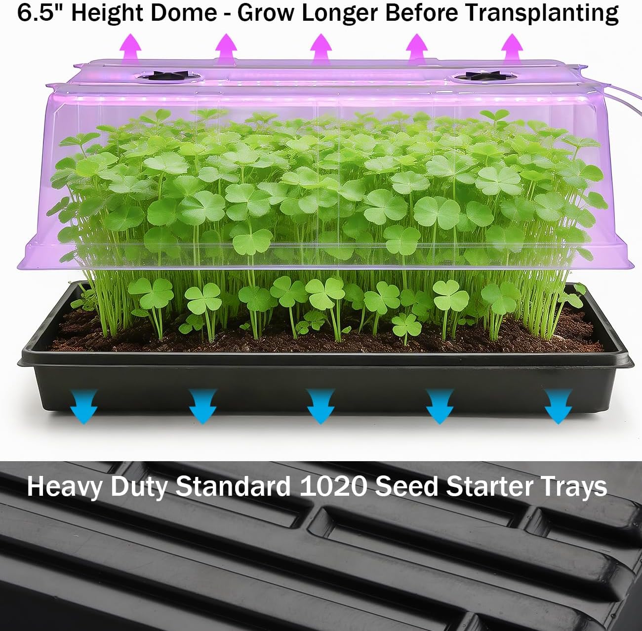 1020 Nursery Tray with Grow Lights, 4-Pack 6.3" Extra High Humidity Dome & Heavy Duty Propagation Tray, 8-Pack Integrated 96 Full Spectrum LED with Timer/5 Dimmable Levels, Reusable Greenhouse Kit