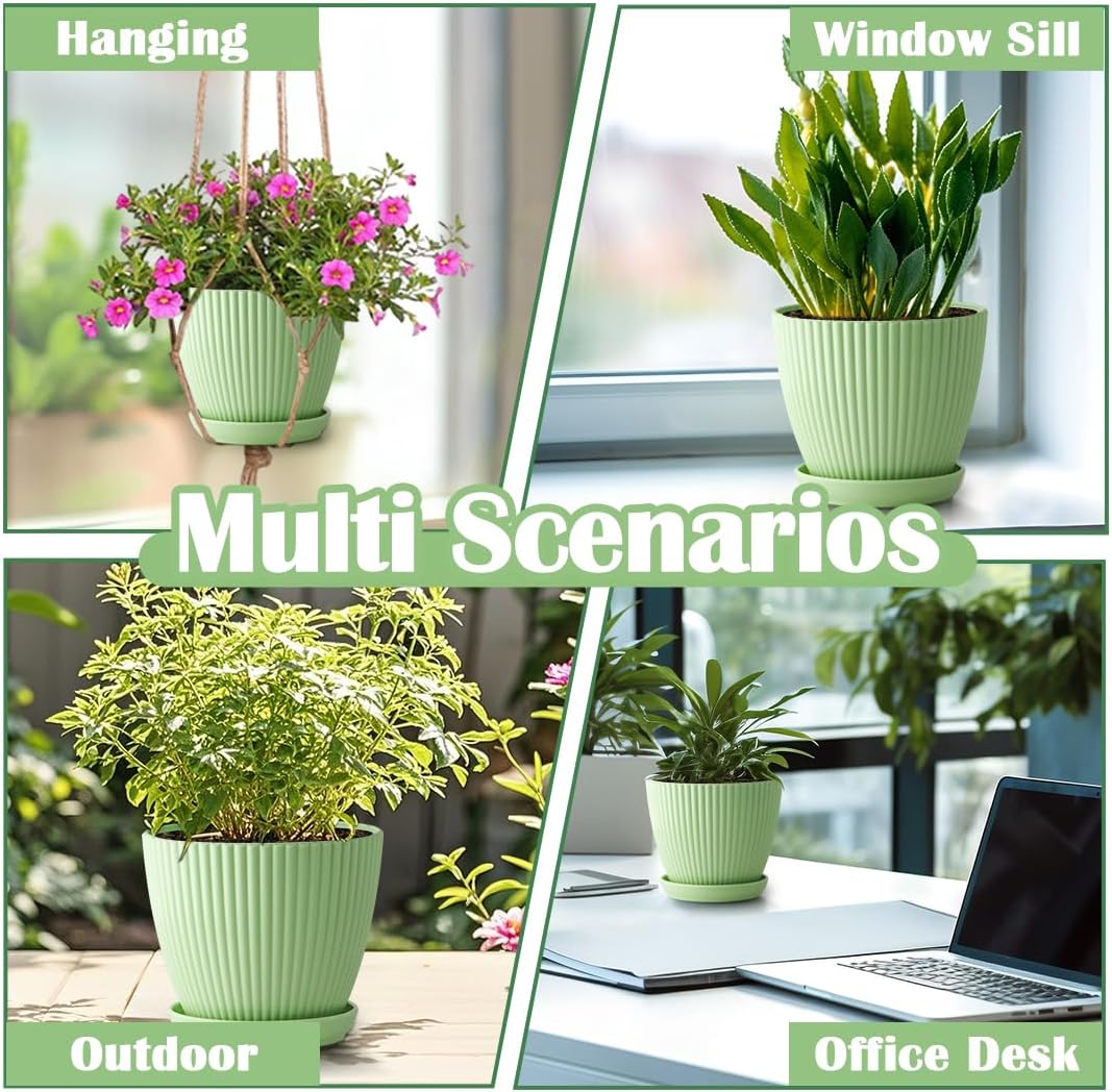 6 Pack Multi-Size Mint Green Vertical Ribbed Plant Pots with Matching Saucers | 3.5"-7.5" All-Size PP Drainage Planters for Succulents, Cactus, Herbs & Indoor Houseplants